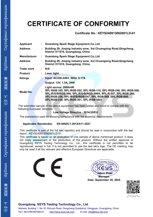CE Certificate of Conformity – Laser Light (EN 60825-1)