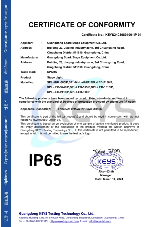 Certificate of Conformity – IP65 Waterproof Light (Stage Light)