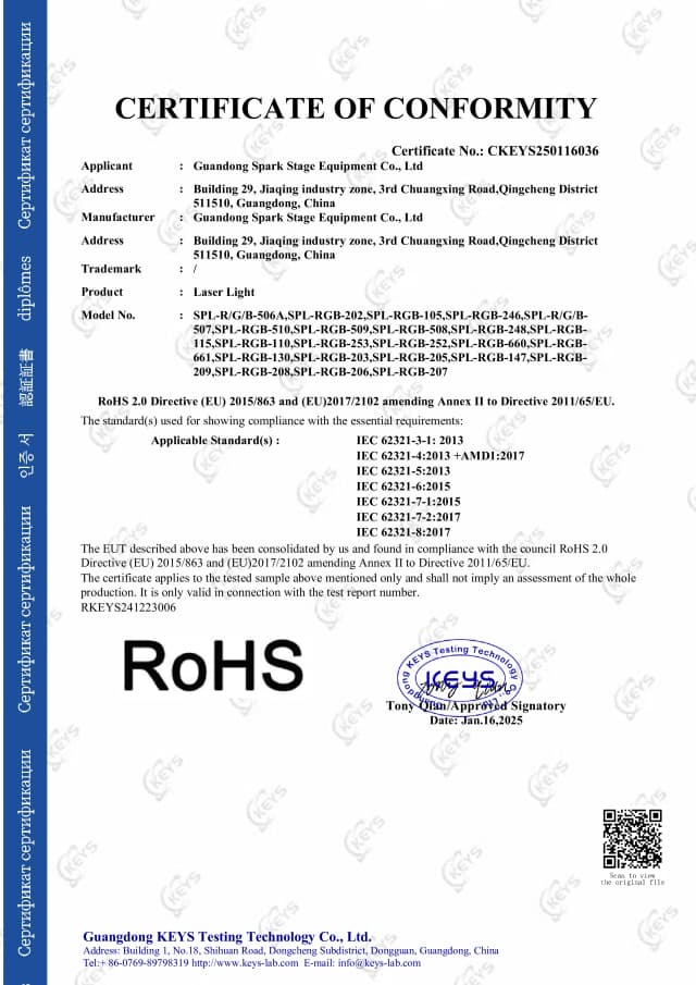 RoHS 2.0 Certificate of Conformity – Laser Light