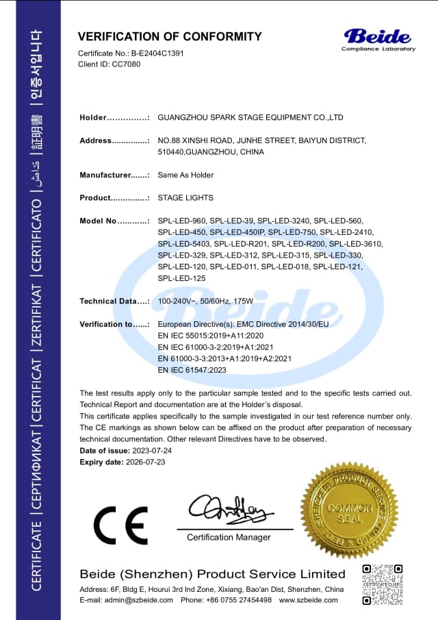 CE Verification of Conformity – Stage Lights (EMC)
