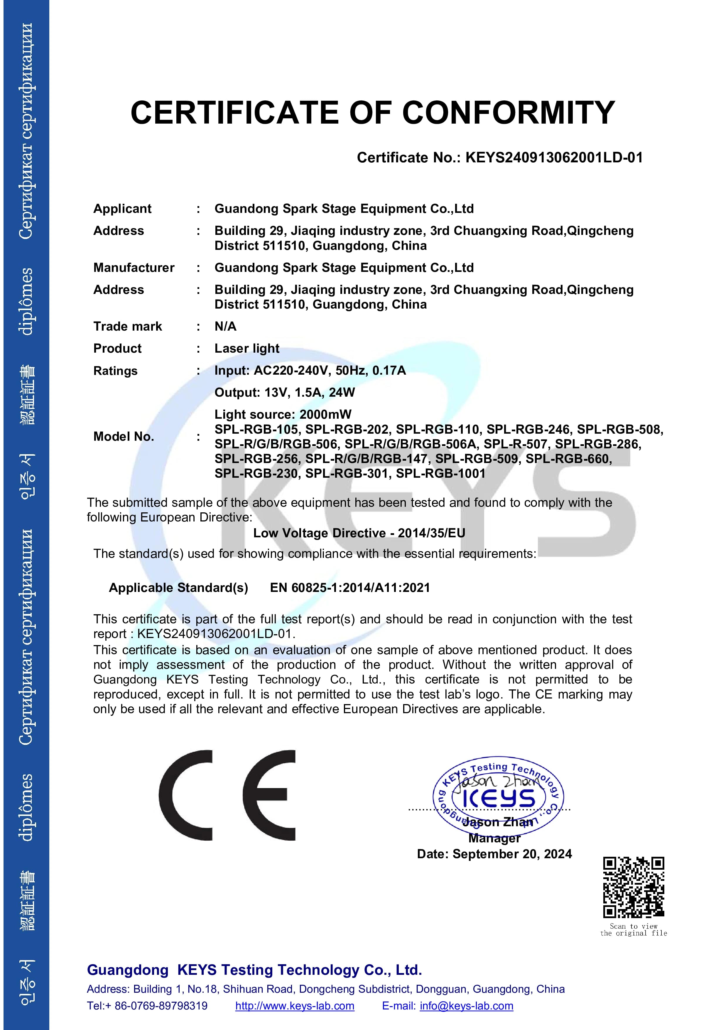 CE Certificate of Conformity – Laser Light (EN 60825-1)