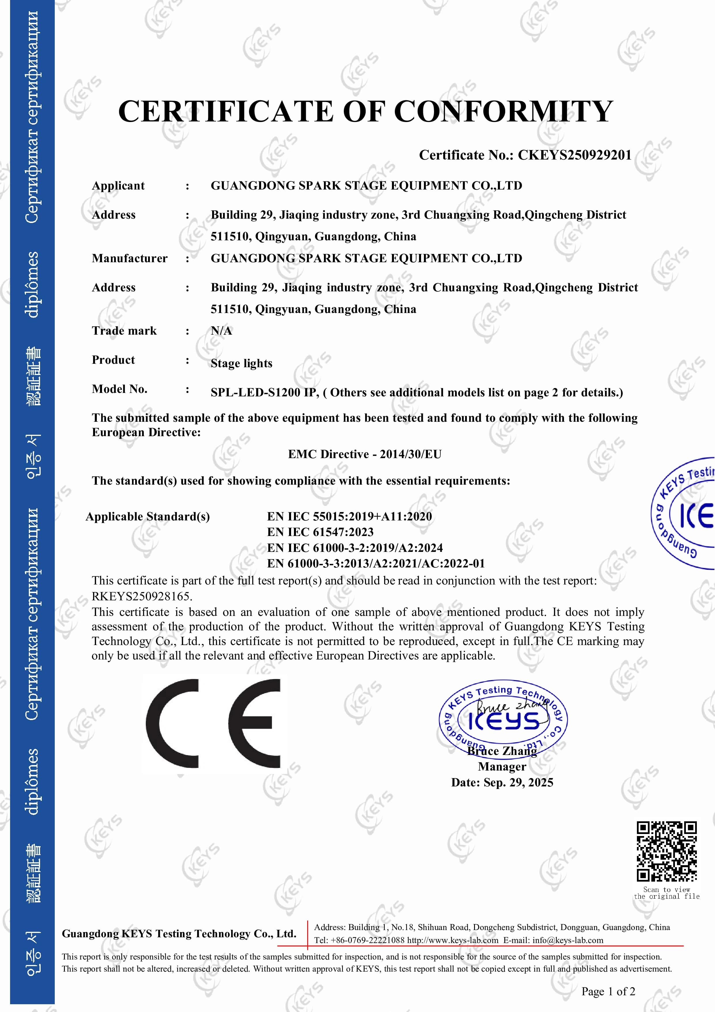 CE Certificate of Conformity – Stage Lights (EMC)
