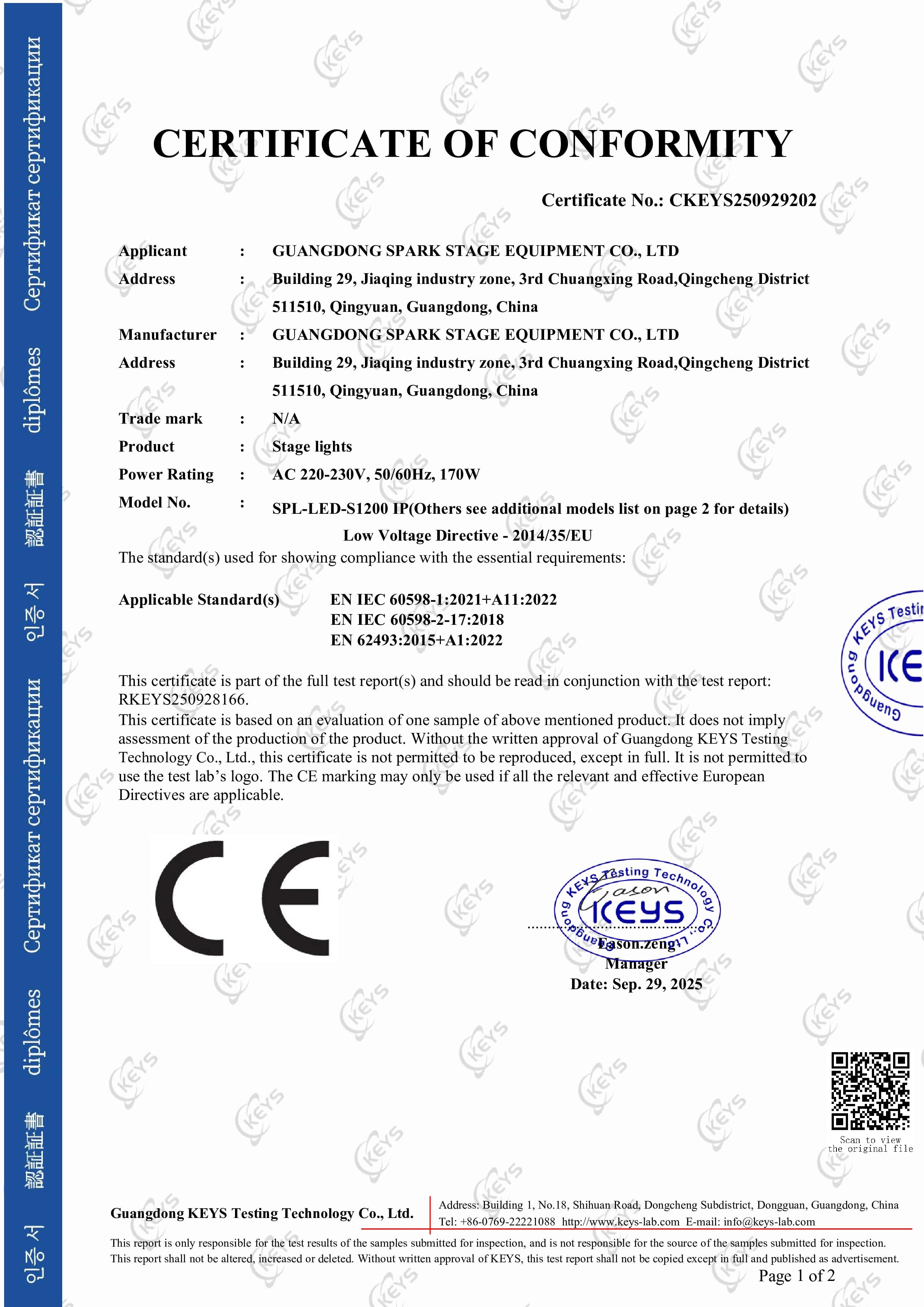 CE Certificate of Conformity – Stage Lights (LVD)