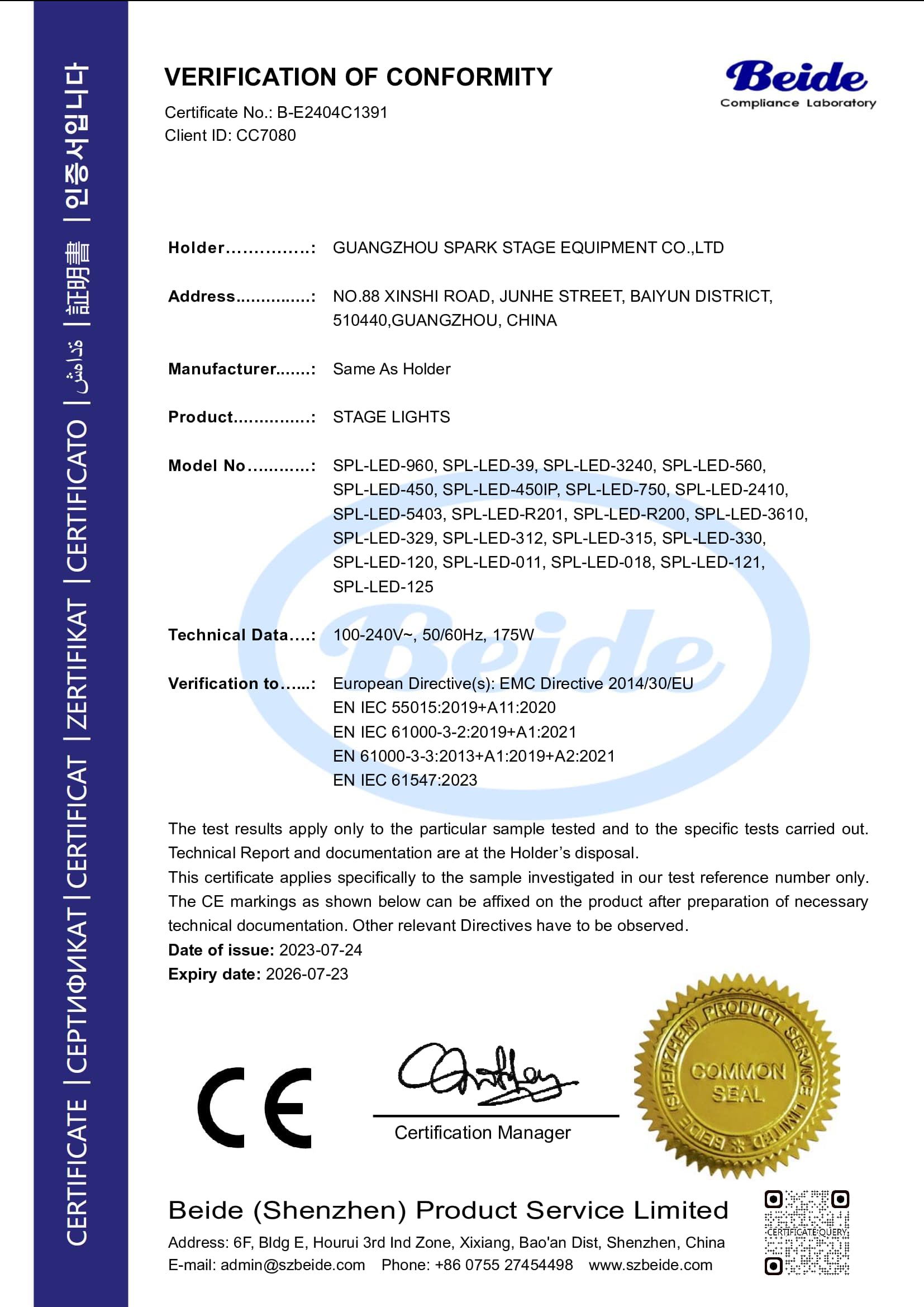 CE Verification of Conformity – Stage Lights (EMC)