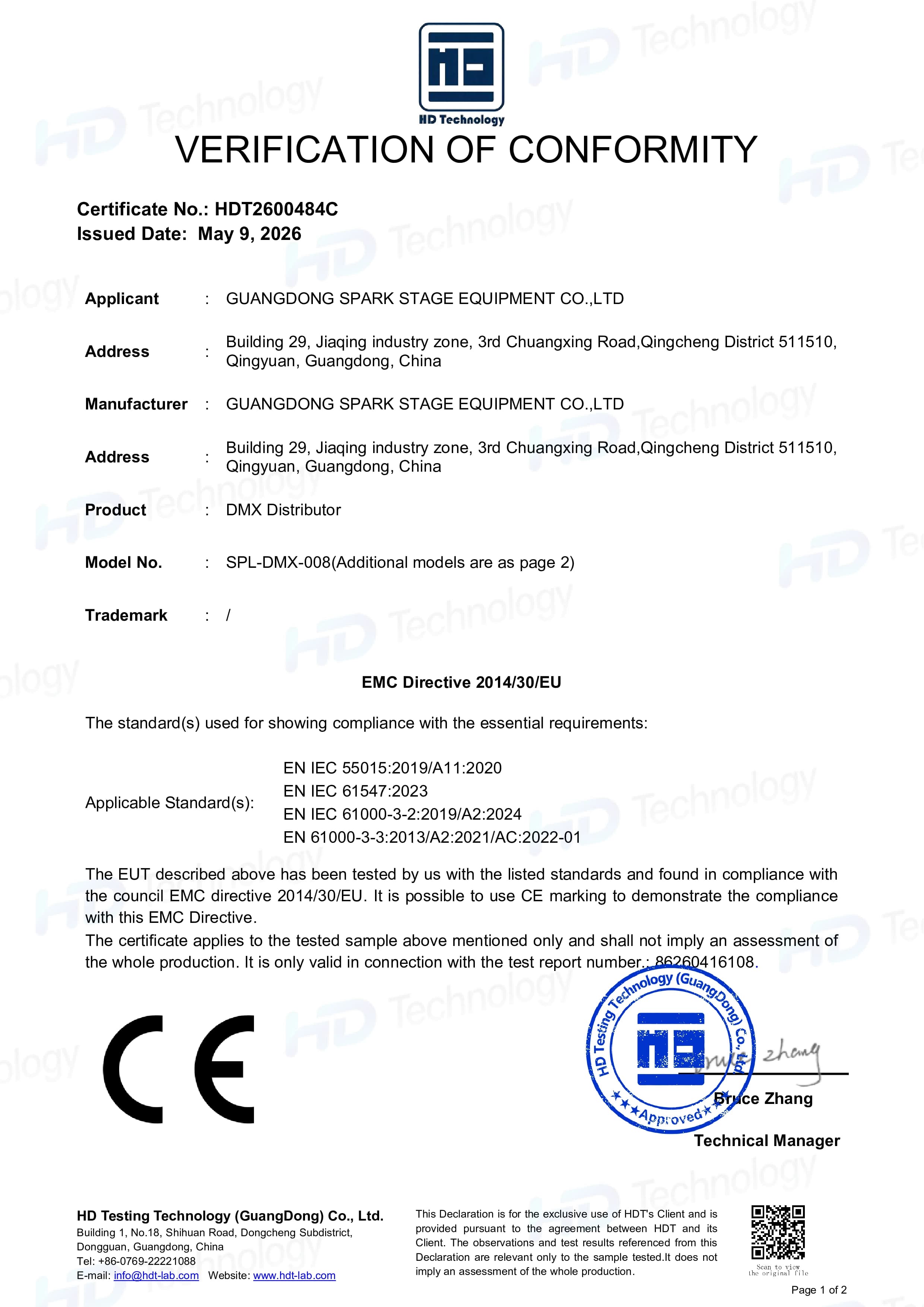 CE Verification of Conformity – DMX Distributor (EMC)