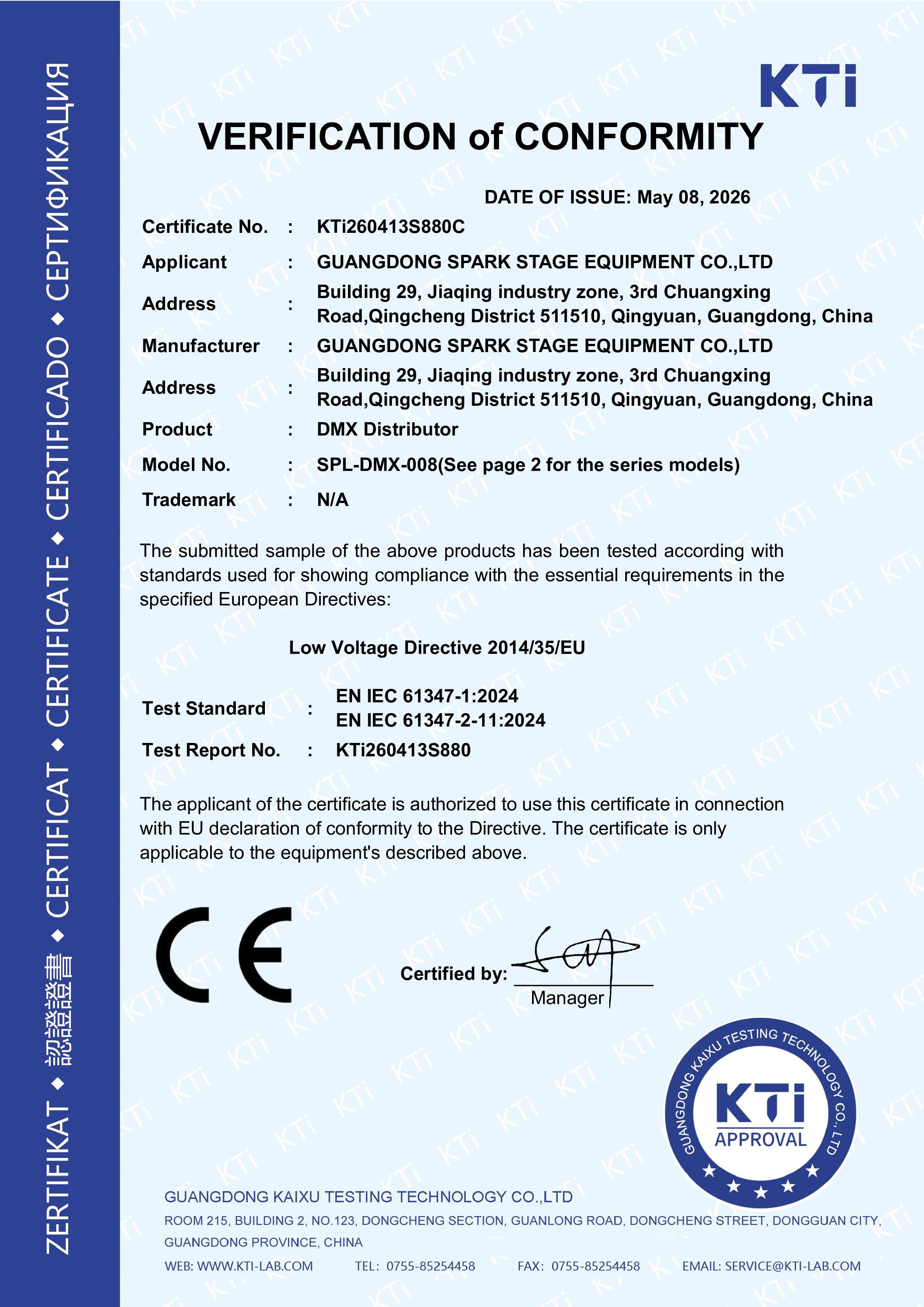 CE Verification of Conformity – DMX Distributor (LVD)
