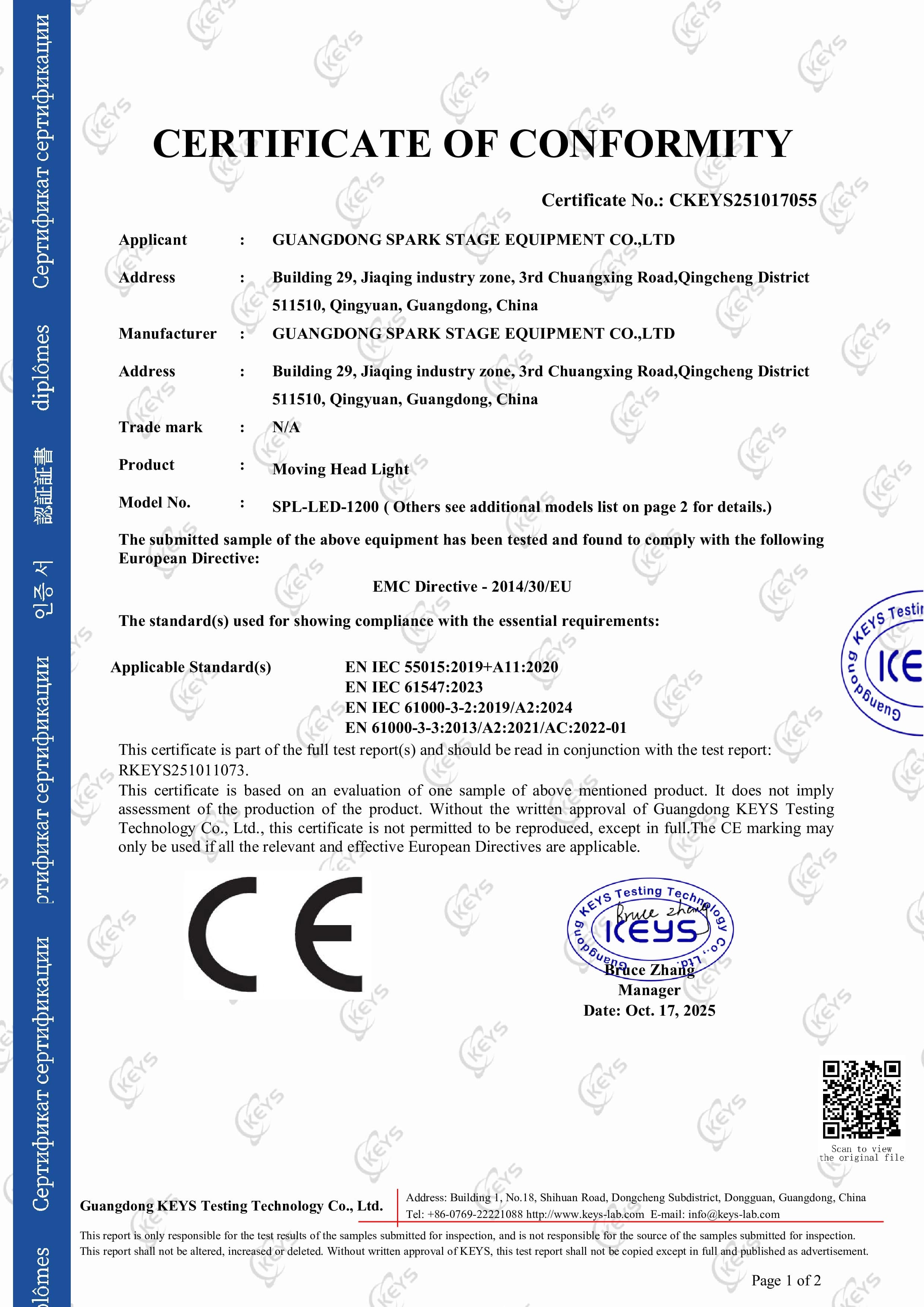 CE Certificate of Conformity – Moving Head Lights (EMC)