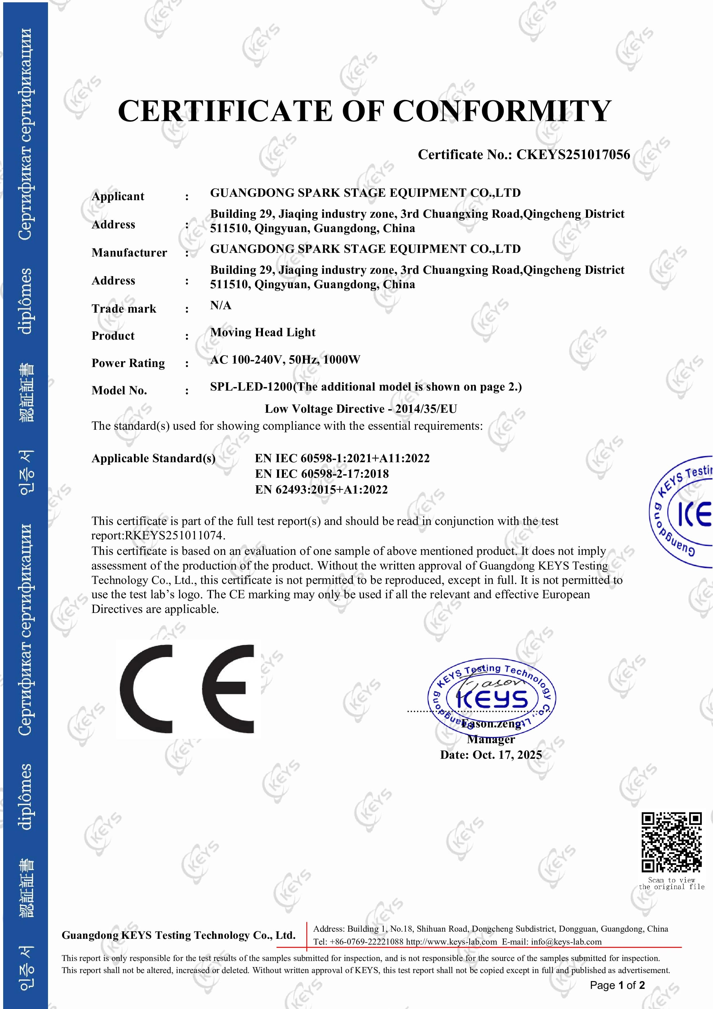 CE Certificate of Conformity – Moving Head Lights (LVD)